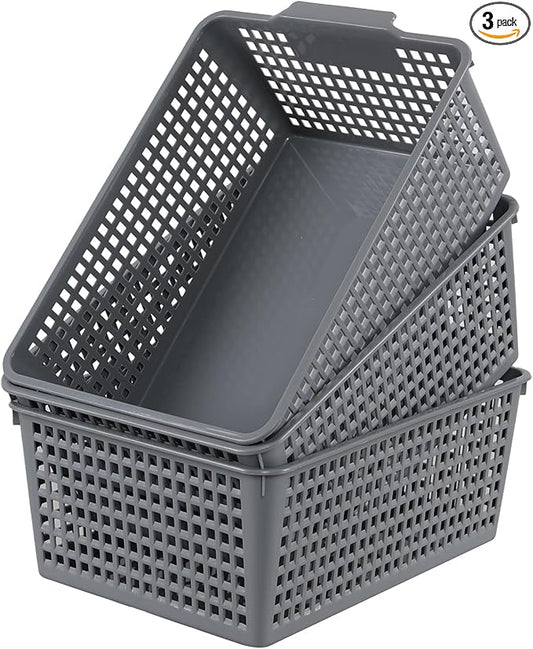 3 Pack Plastic Kitchen Storage Baskets, Rectangle Basket Set for Cabinets, Shelves, Countertops
