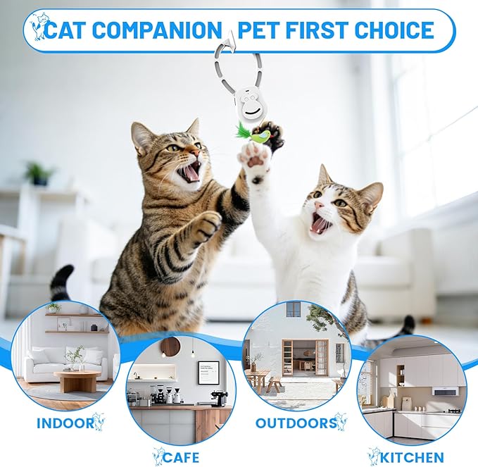 Interactive Cat Toys for Indoor Cats, Automatic Hanging Feather Cat Toy with Realistic Fluttering & Quiet Motor, USB Rechargeable Door Mounted Feather Wand for Bored Kittens & Adult Cats (Blue)
