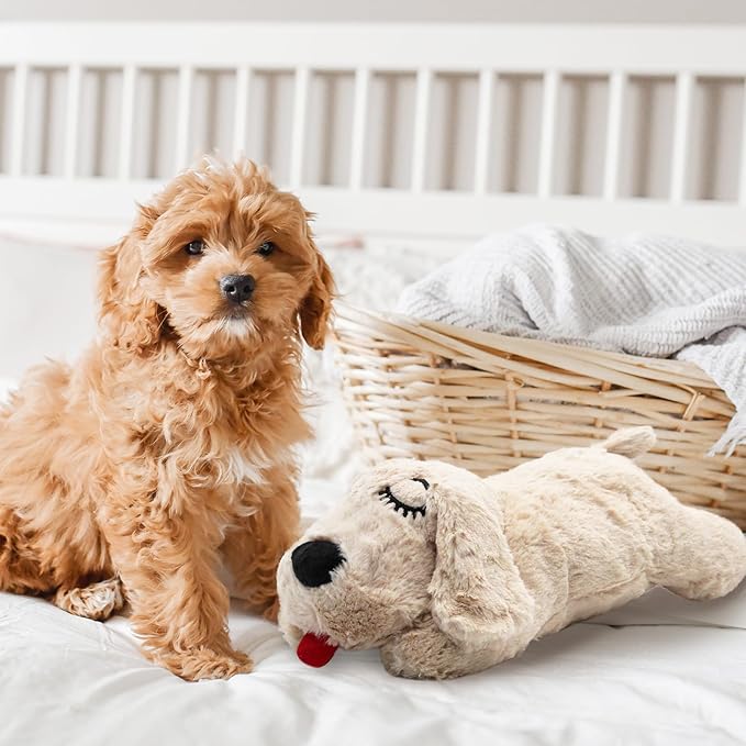 3T GROUP Puppy Heartbeat Toy Sleep Aid Puppy Essentials Dog Heartbeat Stuffed Animal Toy for Puppies Plush Pillow Pet Calming Anxiety Relief Behavioral Training(Beige)