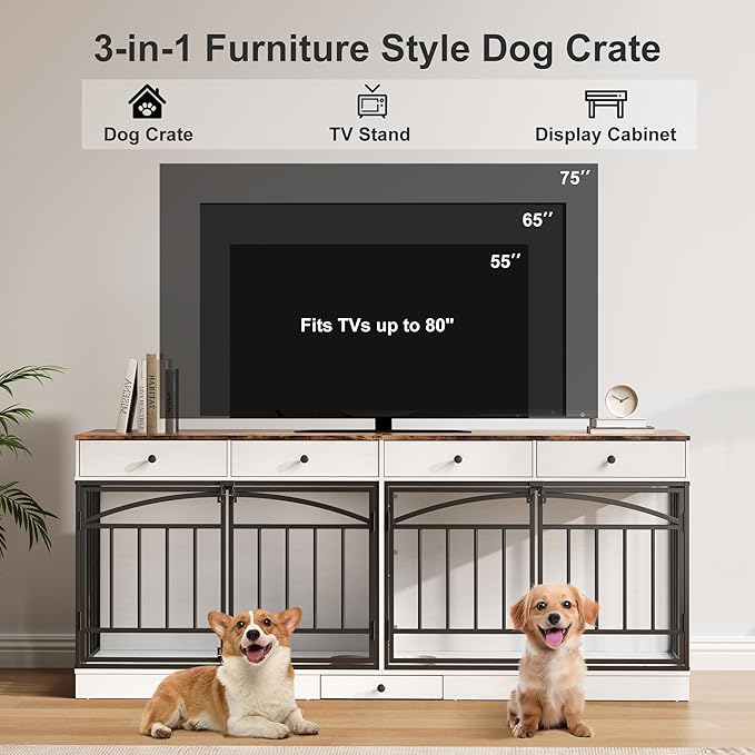 GarveeHome Dog Crate Furniture for 2 Dogs, Dog Kennel Indoor with 4 Storage Drawers and Feeding Bowls, Double Dog Crate TV Stand for Small Medium Dogs, White