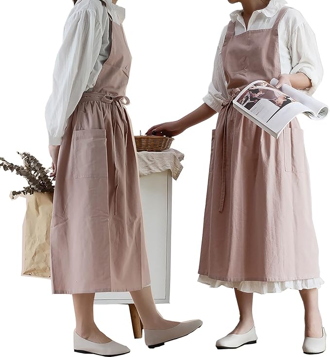 VLZUFE Women Cotton Linen Cross Back Apron with Pockets for Gardening Works Pinafore Dress
