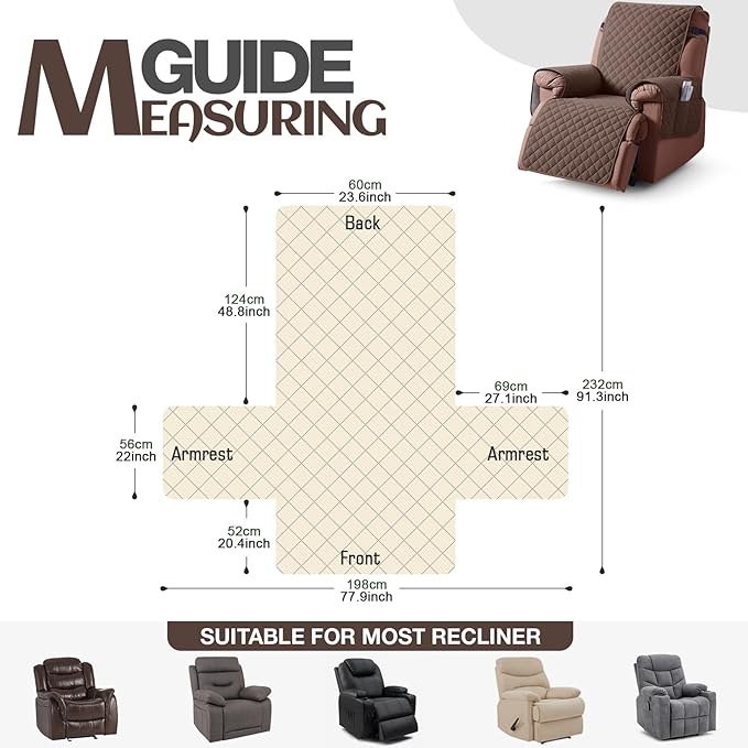 KinCam 100% Waterproof Recliner Chair Cover, Reclining Couch Covers for Pets, Dogs, Recliner Couch Slipcover Furniture Protector with Elastic Straps for Kids(23.6", Deep Brown)