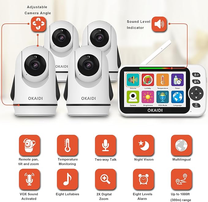 OKAIDI Video Baby Monitor with 4 Cameras, 5" Display Baby Monitor No WiFi, 30H Battery and 1000ft Range, 2-Way Talk, 8 Lullabies, Remote Pan-Tilt-Zoom Baby Camera for Baby Pet Elderly