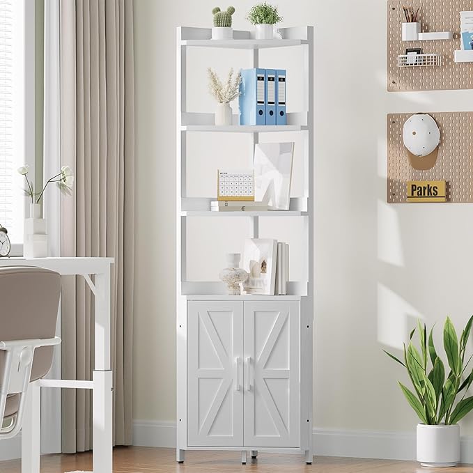 HOOBRO Corner Shelf with Storage, Tall Corner Cabinet, 5-Tier Bookshelf Stand, Storage Cabinet with Protective Fence, for Living Room, White WW78CJ01