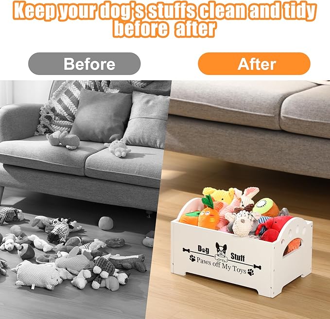 Marsui Wooden Dog Toy Bin Basket with Handle Large Dog Stuff Storage Box Cute Pet Stuff Organizer for Chew, Blankets, Leashes, Food Gift for Living Room Area(White,13.78 Inch)