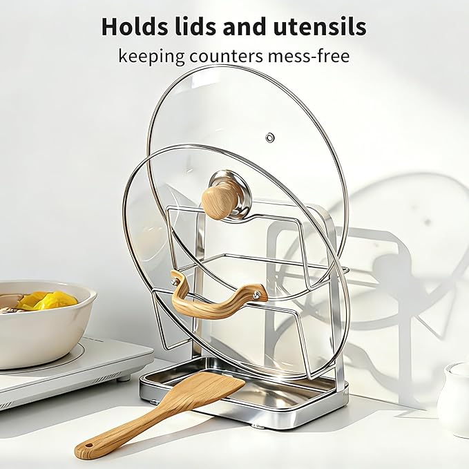 Pot Lid Holder While Cooking, 2 Tier 304 Stainless Steel Pot Lid Organizer with Drip Tray, Kitchen Storage Rack for Stove Top & Countertop, Heavy Duty Lid Holder for Pots and Pans, Silver