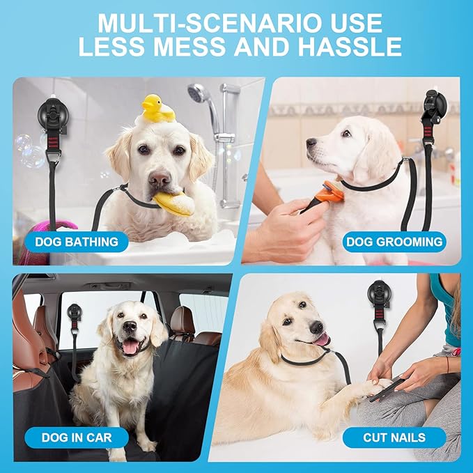 Dog Bathing Tether with Heavy Suction Cup, Dog Grooming Tub Restraint Soft Nylon Leash with Adjustable Collar for Pet Dog Cat Shower and Grooming Red