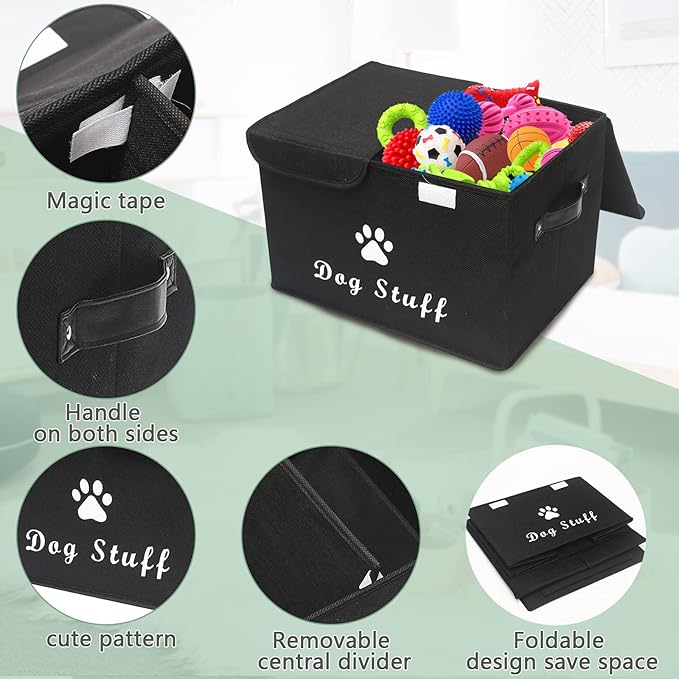 Geyecete Large Storage Boxes - Large Linen Fabric Foldable Storage Cubes Bin Box Containers with Lid and Handles for Dog Apparel & Accessories, Dog Toys(Black)