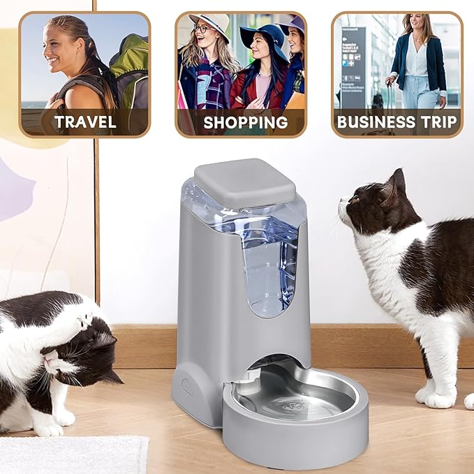 HWONMTE Portable Automatic Cat Feeder and Water Dispenser with Stainless Steel Bowl Dog Gravity Food Feeder and Waterer for Small Medium Pets Puppy Kitten 1 Gallon x 2 (Silver Gray)