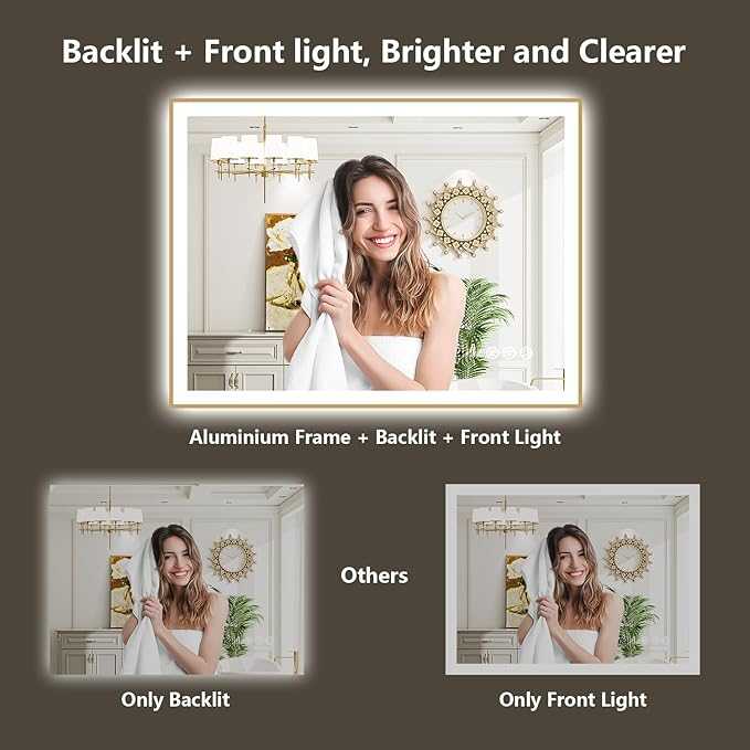 55x30 Inch LED Bathroom Mirror with Lights (Front Lit and Backlit) Gold Framed Lighted Vanity Mirror for Bathroom Wall Dimmable Anti-Fog Memory Tempered Glass Horizontal/Vertical