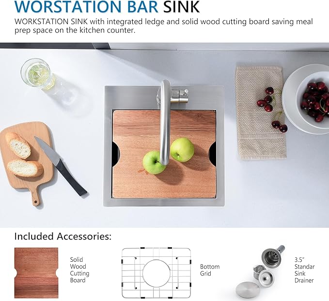 Stainless Steel Drop-In Bar Sink 15x15 Inches Single Bowl Small Workstation Kitchen Sink, Doirteal Top Mount 15 Inch Bar Sinks Outdoor Wet Bar Prep Sinks With Accessories