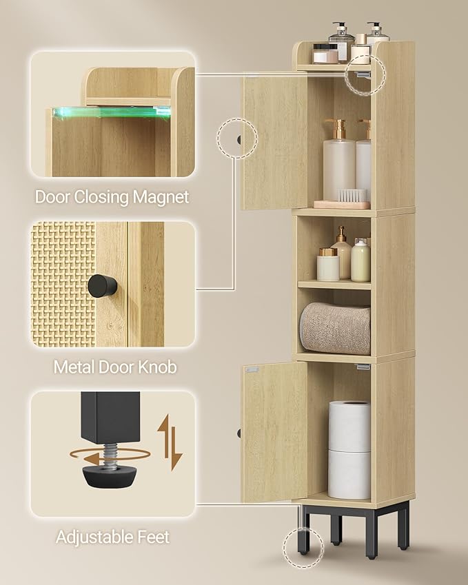 Slim Bathroom Storage Cabinet, Narrow Bathroom Organizers and Storage with 4 Adjustable Feet, Laundry Room Organization for Small Space, Kitchen, Living Room, 2 Doors Rattan Yellow BC22402Y