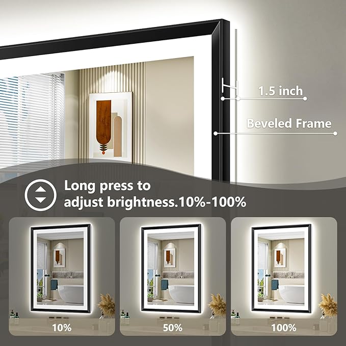 28x36 Black Framed LED Bathroom Mirror with Lights, Backlit and Front Light, Lighted Bathroom Vanity Mirror for Wall Dimmable Anti-Fog Memory Tempered Glass Horizontal/Vertical