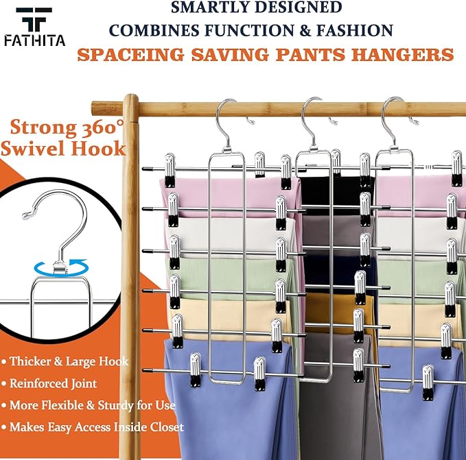 Closet-Organizers-and-Storage,6 Tier Pants-Hangers-Space-Saving,Skirt-Hangers with Clips for Closets Organizer,College-Dorm-Room-Essentials,4 Pack Closet Storage Clothes Shorts Hanger (4 Pack-Silver)