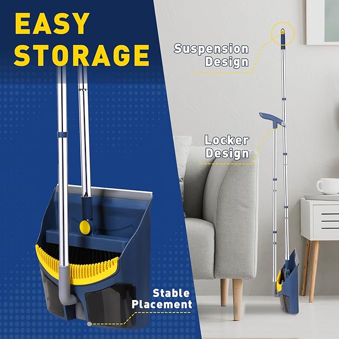 Broom with Dustpan Combo Set, 55" Long Adjustable Handle Broom and Dustpan Set Pet Hair Removal Broom with Dustpan Teeth to Clean Hair Suitable for Home Kitchen Office Hall Floor(Blue)