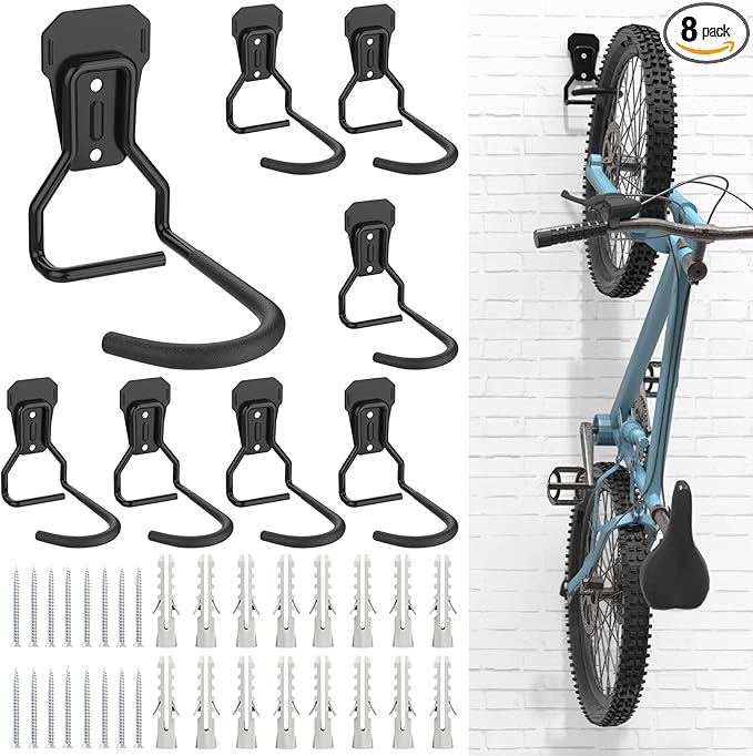 Housolution Bike Wall Mount with Fixed Hook, [8 Pack] Heavy Duty Bike Storage Rack, Bike Rack Vertical Stand for Garage - Easily Hang/Detach - with Screws Iron Bike Hanger Brackets