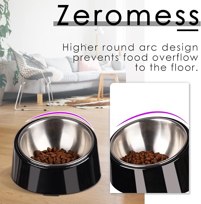 SuperDesign Small Tilted Dog Bowl for Flat-Faced Breeds, Slanted Bulldog Feeder with 2 oz / 0.5 Cup Capacity, 15° Angled Feeding Bowl for Puppies, Cats & Small Dogs, Dark Black