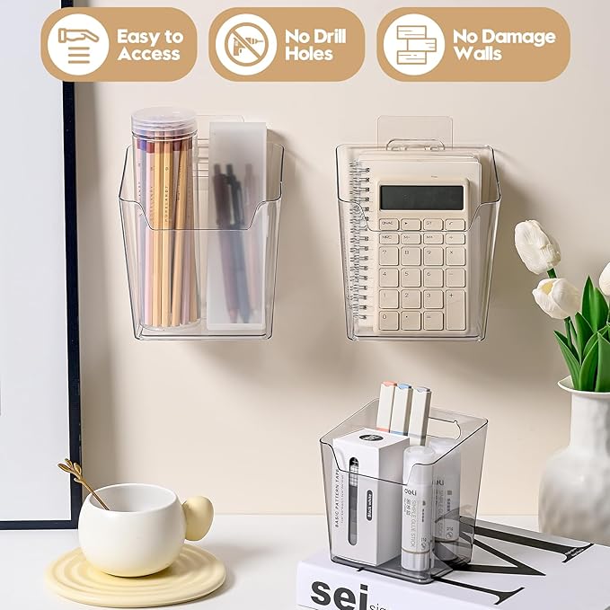 4 Pack Drink Packet Organizer, Clear Acrylic Cabinet Door Organizer Adhesive, Wall Mount Caddy Utensil Holder Floating Bin for Tea Bag Kcup Storage, Sewing Tools, Laundry Pods, Small Cleaning Supply