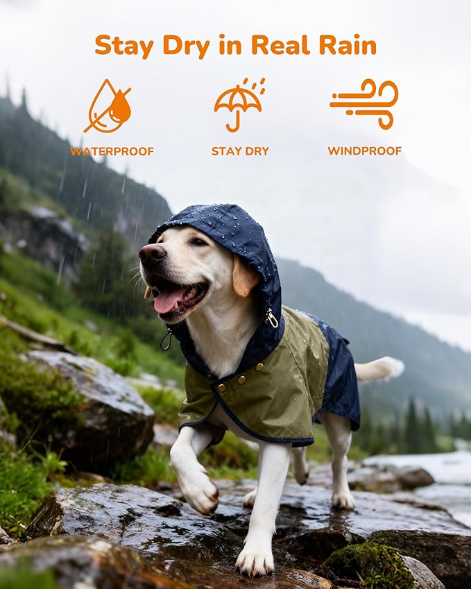 Dog Raincoat, Waterproof Dog Rain Jacket with Hood, Rain Coat for Small Dogs with Leash Hole, Raincoat Extended Dog Poncho Coverage to The Leg, Easy On/Off Rainwear Blue, S