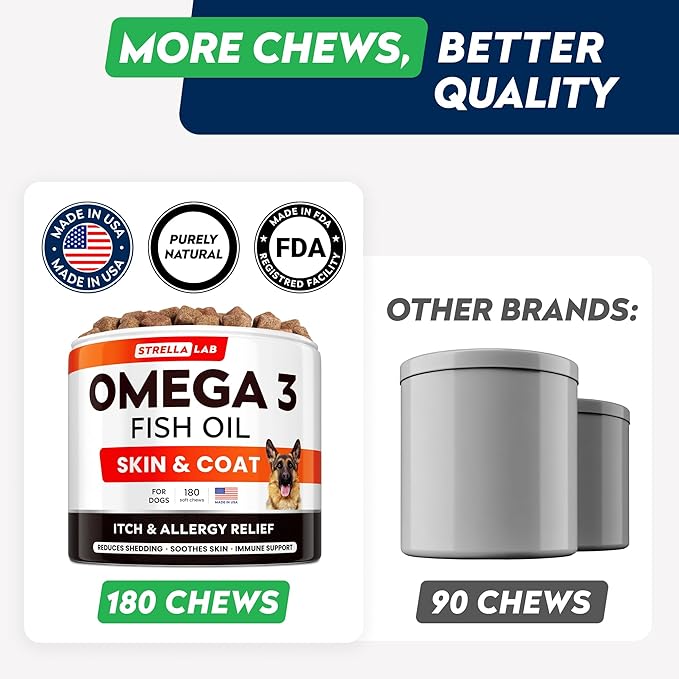 StrellaLab Omega 3 for Dogs - (180Ct) Fish Oil Treats - Allergy & Itch Relief Skin&Coat Supplement - Dry Itchy Skin, Shedding, Hot Spots Treatment, Anti Itch - Pet Salmon Oil Chews - Atlantic Salmon