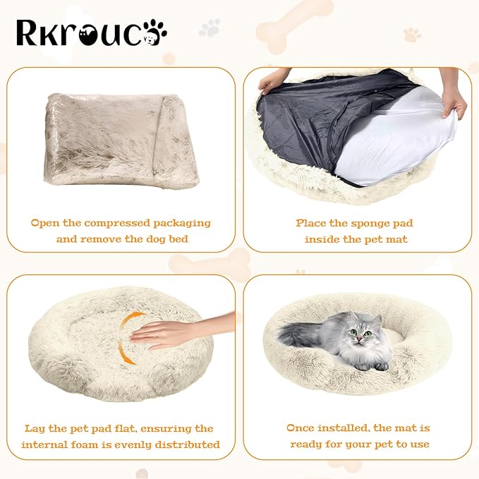 Fluffy Dog Bed Calming Donut Beds for Large Dogs Warming Round Small Medium Pet Nest Cozy Cat Mattress Indoor Washable Puppy Kennel Kittens Sleep Mat (S, 23.6×23.6 inch, Khaki)
