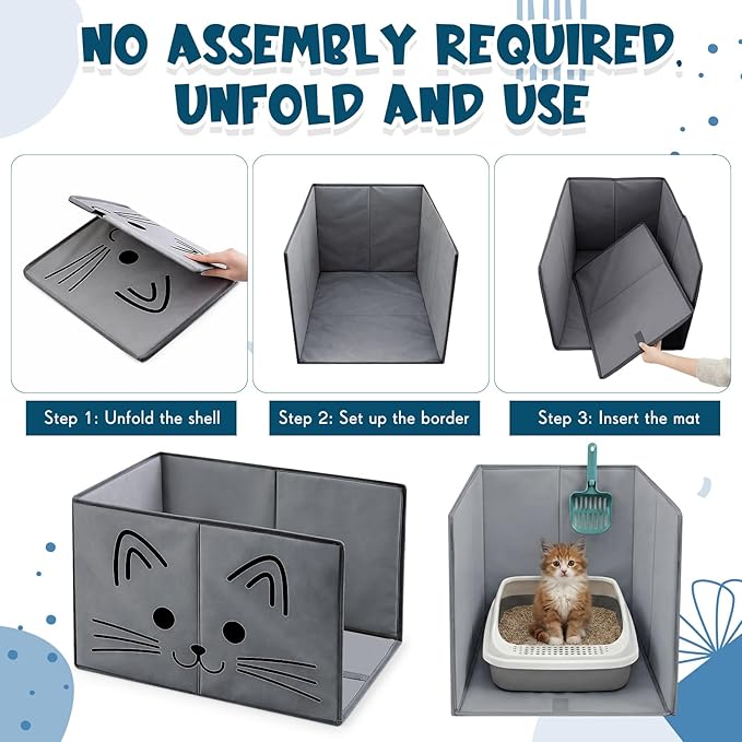 24"L×16.14"W×16.14"H Foldable Cat Litter Box Enclosure Splash Guard with Removable Mat, Cat-print Casing, Large High Sided for Litter Pan Water Resistant Easy Clean Anti-leakage Pee Shields