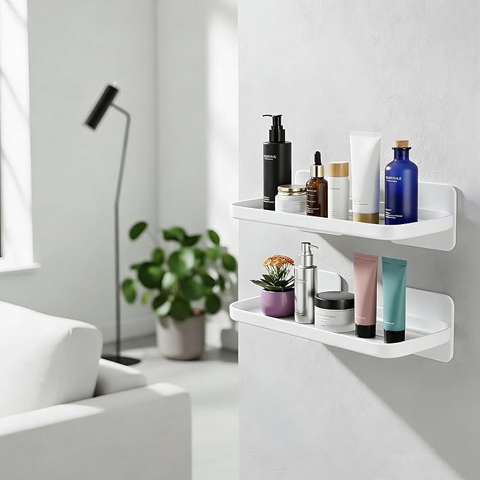 ACEXINYAN 2pc Wall Mounted Floating Shelf, Small Storage Rack with Edge Design, No Drill Shelves for Wall, Floating Shelves Damage-Free Expand Walls Space for Living Room Kitchen Bathroom (White)