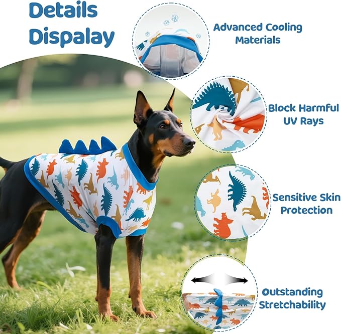 UPF 50+ Sun Protection Dog Shirt - Sleeveless Cooling Vest for Large Dogs Boy, Quick-Dry Pet T-Shirt with Funny Dinosaur Horns, UV Protective Breathable Dog Clothes U-COSBX02L