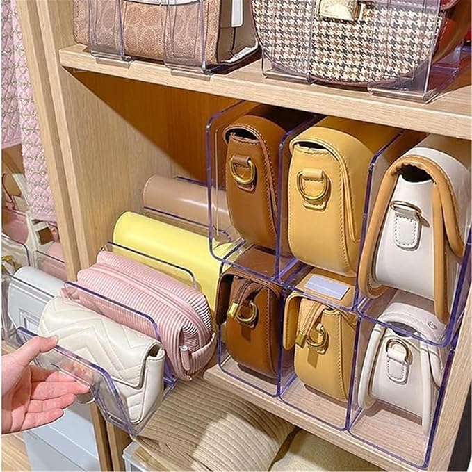 YAGELI Clear Acrylic Purse Organizer for Closet, 3-4 Section Desk File Sorter, 2.95" Wide Slots for Clutches, Handbags, Binders & Folders, Sturdy Stackable Bookshelf Organizer, 2-Pack (3 Sections)
