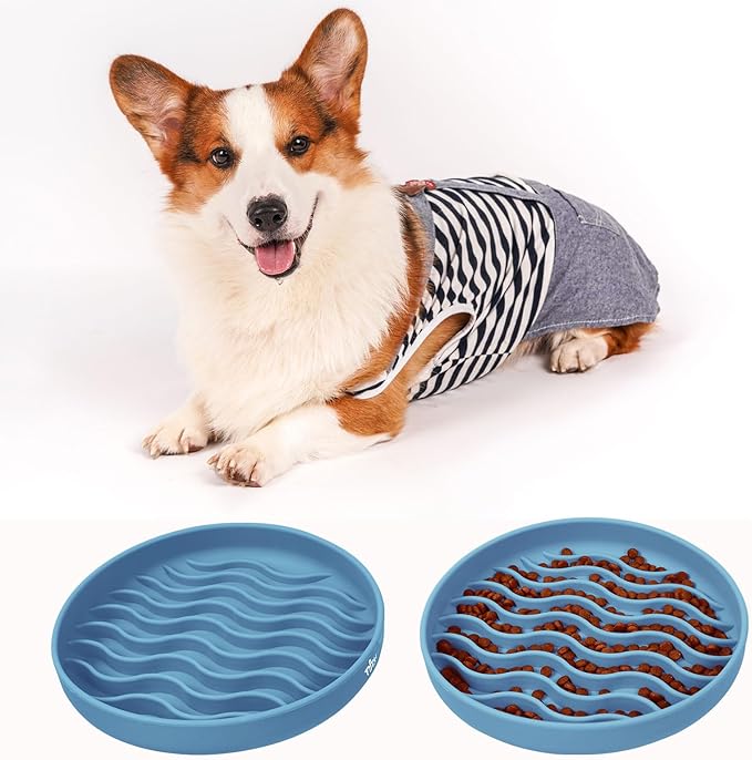 Slow Feeder Dog Bowls, Silicone Food Bowl Anti-Gulping, Pets Puppy Slow Feeder with Suction Cups, Dishwasher Microwave Safe for All Small Medium Dogs, Wave Design Blue