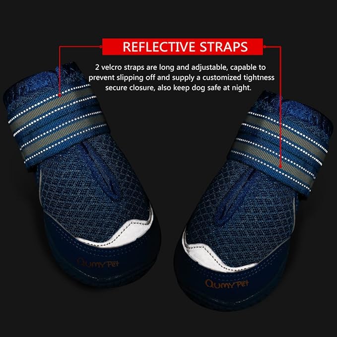 QUMY 4PCS Dog Boots for Large Dogs, Medium Dog Shoes & Paw Protectors for Hot Pavement, Summer Heat Protection, Mesh Breathable Nonslip Dog Booties for Hardfloors, Walking Running Hiking Blue Size 4