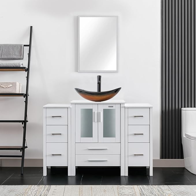 eclife 48" Modern Bathroom Vanity Sink Combo Freestanding Cabinet with Small Side Cabinet, Brown Boat Glass Vessel Sink, Water Save Faucet, Drain (White+A29BR)