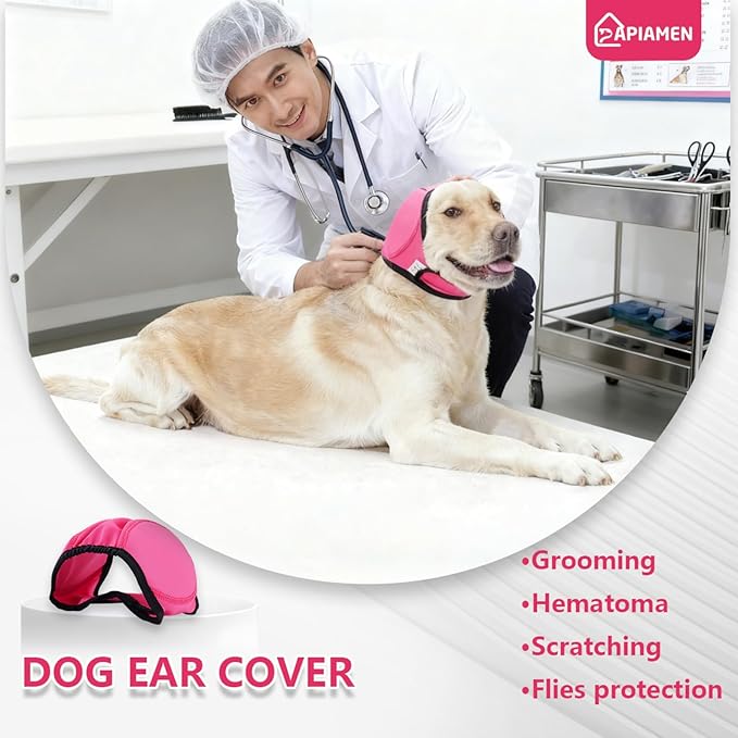 Dog Calming Hoodie,3-Layer Dog Ear Muffs Noise Protection,Anxiety Relief Quiet Ears for Dogs,Adjustable Shower Cap Pet Ear Covers for Bath,Grooming,Swimming(Fuchsia,L)
