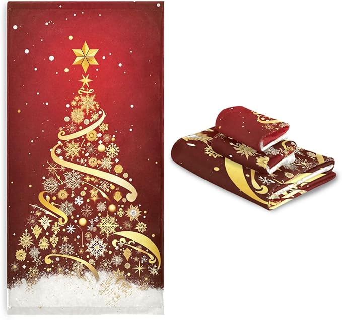 Pfrewn Golden Snowflakes Christmas Tree Forest Towels Set of 3 Winter Red Snowy Christmas Bathroom Towel Soft Absorbent Bath Hand Towels Washcloth Guest Towel Sets Xmas Holiday Decor