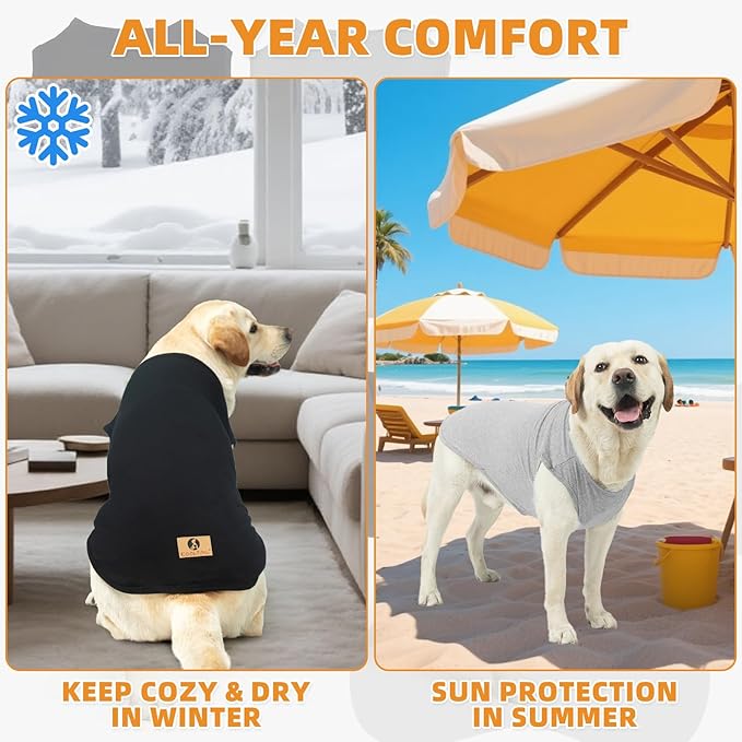 KOOLTAIL Boy Dog Clothes for Large Dogs, 2 Pack Cotton Fall/Winter Warm Dog T Shirts Coats for Outdoor, UV & Insect Protection Anti-Hair Loss & Lightweight Pet Vest Tank Tops Apparel, Black & Grey,2XL