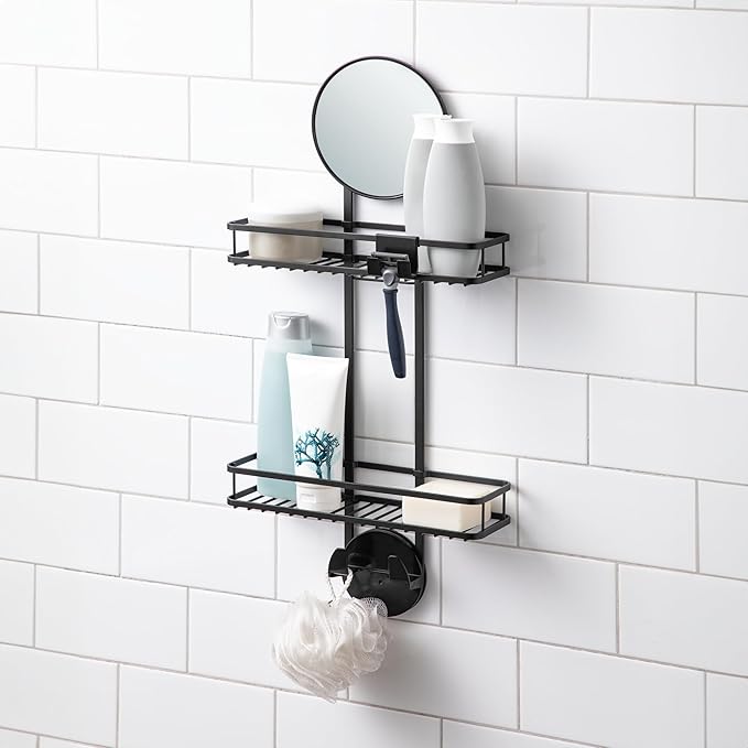 iDesign Self-Adhesive Shower Caddy with Mirror and Accessory Hooks - Matte Black