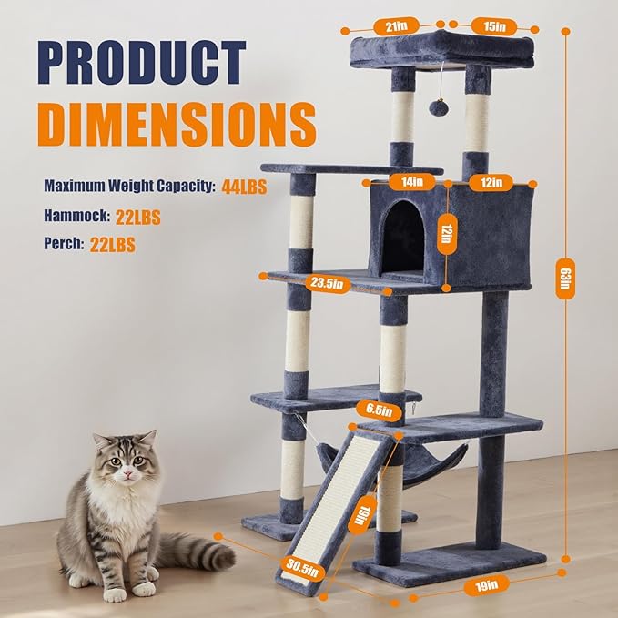 63 inch Multi-Level Cat Tree Tower 63 with Scratching Posts, Cozy Perches and Stable Climbing Platform for Indoor Cats,Dark Grey