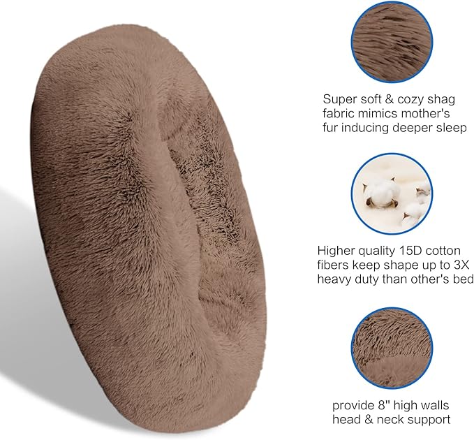 SAVFOX 30 inches Calming Donut Dog Bed - 3X Durable Plush Faux Fur, Machine Washable & Non-Slip, Fits up to 45 lbs, Brown