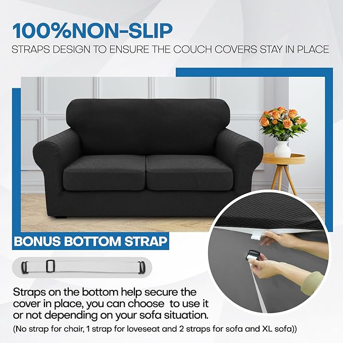 XINEAGE 2025 New 3 Pieces Couch Covers for 2 Cushion Sofa Super Stretch Loveseat Slipcover Pet Dog Universal Slip Cover Anti Slip Love Seat Furniture Protector (Black, 55"-69")