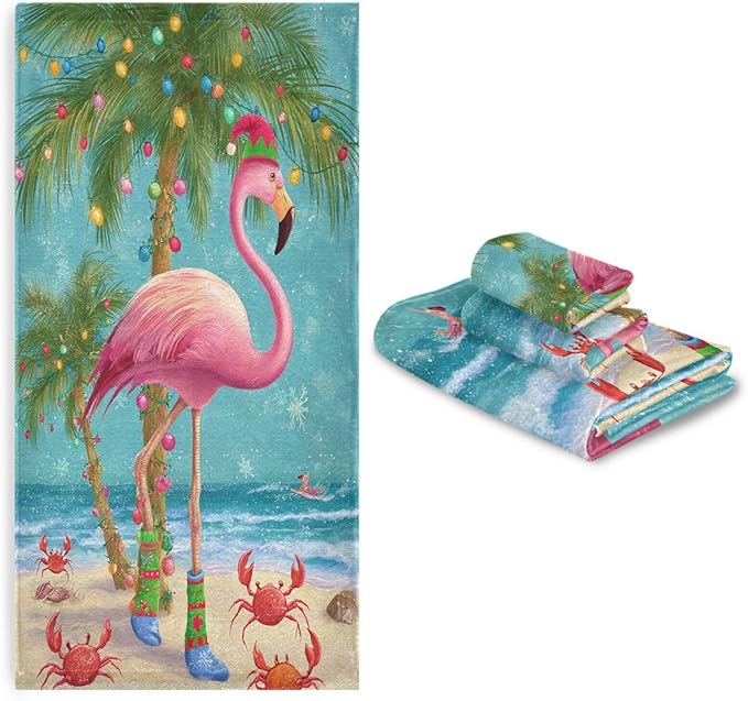 Pfrewn Christmas Winter Towels Set of 3 Christmas Tropical Flamingo Palm Tree Crab Bathroom Towel Soft Absorbent Bath Hand Towels Washcloth Guest Towel Sets Xmas Holiday Decor