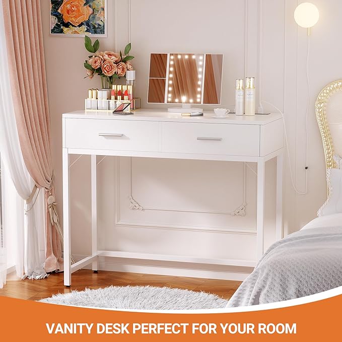 Cyclysio Vanity Desk with Mirror and Lights, 36'' Makeup Vanity Desk with Power Outlet, Small Vanities Set Dressing Table with Drawers for Bedroom, White