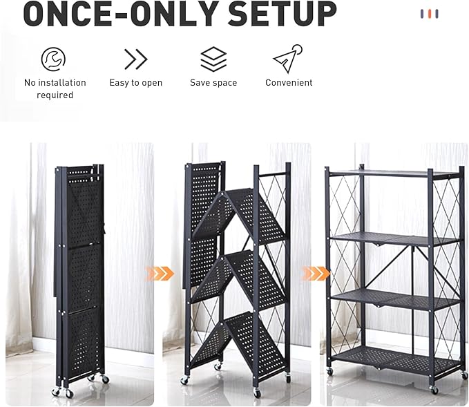 Folding Shelf Foldable Shelves with Wheels - Folding Shelves No Assembly , Collapsible Shelf Unit Display, Kitchen Organizers and Storage, Pop Up Heavy Duty Rack , 4-Tier Black 28"D x 14"W x 49"H