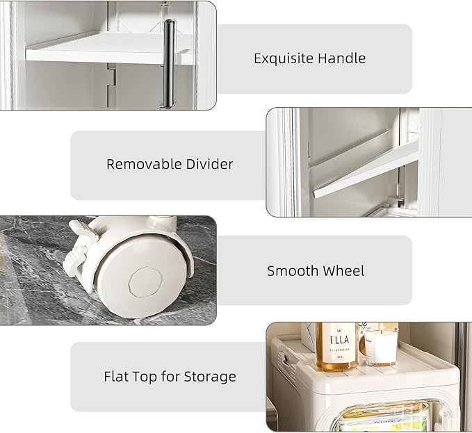 JOYZAN Narrow Bathroom Storage Cabinet with Movable Wheels, Slim Storage Cabinet with 4 Doors & Removable Panel, Skinny Bathroom Organizers and Storage for Small Space, Corner, Kitchen, Laundry