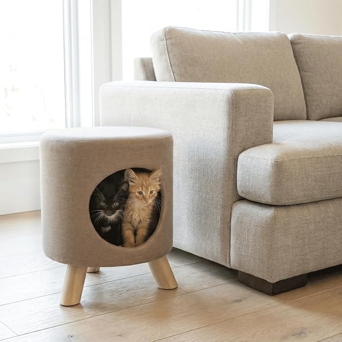 4 Cats & Dogs Wallie Stool - Plush Polyester Pet Stool with Wooden Legs, Cozy Hideaway for Cats & Small Dogs, Multipurpose Footstool & Seat, Modern Minimalist Design for Home & Office - Tan