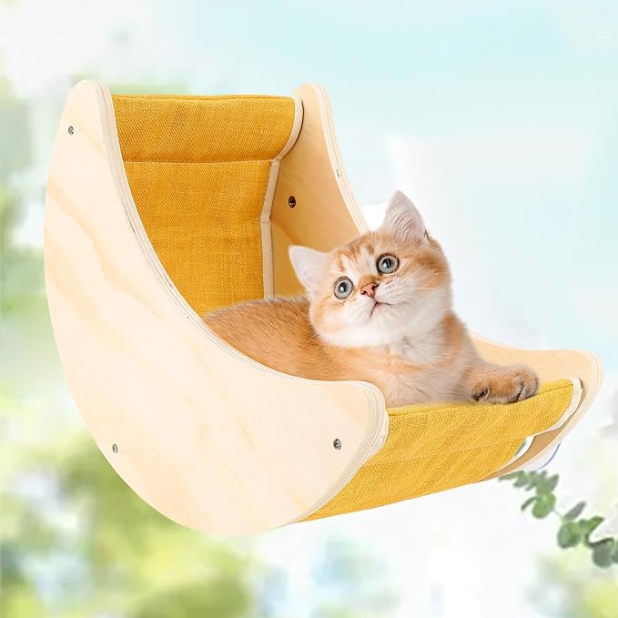 Window Cat Bed, Suction Cup Cat Window Perch for Large Cats, Moon Shelves Cat Hammock for Window, Wall Mounted Solid Wood Cat Bed for Sleep Watch Birds Sunbathing, Holds 50 Pounds