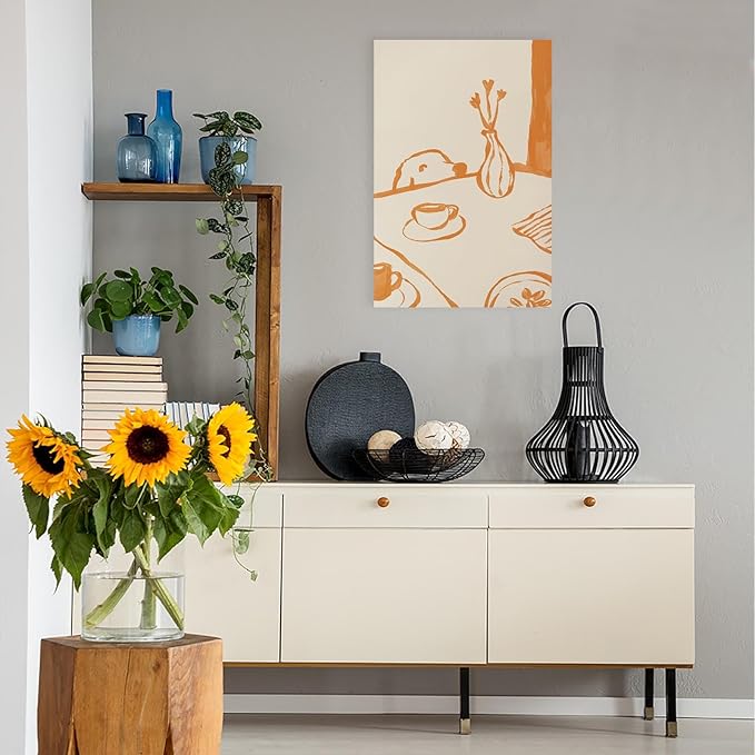 Cute Sneaky Dog Kitchen Poster Scandi Breakfast Coffee Canvas Wall Art Whimsical Abstract Animal Sketch Aesthetic Prints Painting For Living Room Kitchen Dining Room Wall Decor 16x24in Wrapped Canvas