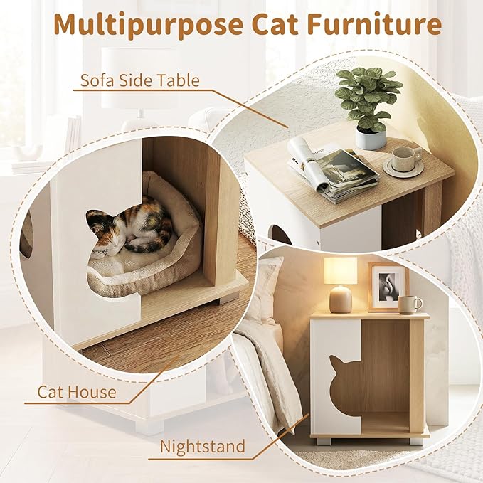 PETSITE Wooden Cat House, Indoor Cat Cave Nightstand Side End Table with Anti-Slip Robust Metal Legs, Spacious Tabletop, and Round Side Entrance, 17 x 16 x 19.5 Inches