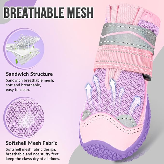SlowTon Dog Shoes for Large Small Medium Dogs - Breathable Dog Boots for Summer Hot Pavement, Paw Protector for Outdoor Walking Winter Snow, Anti-Slip Rubber Dog Booties for Hard Floor (Pale Pink, 3)