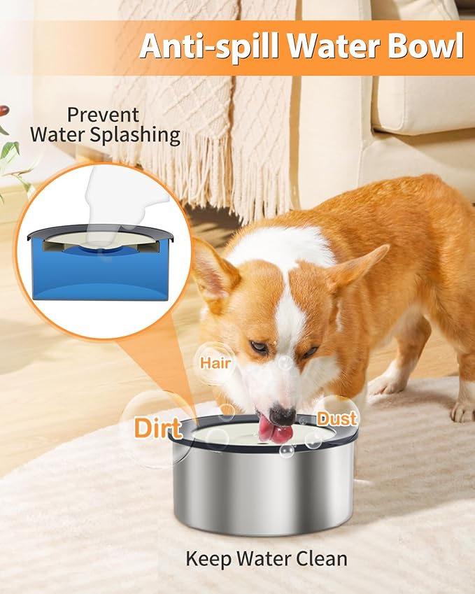 No Spill Water Bowl and Food Bowl Set for Dogs, 2L Large Slow Drinking Spilling Proof Water Dispenser & 1.5L Stainless Steel Dish Pet Feeder