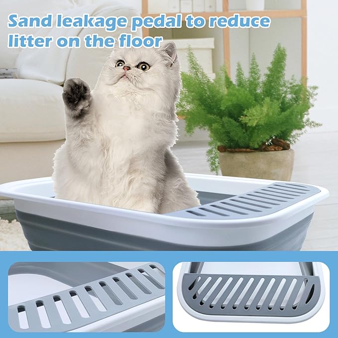 Collapsible Small Cat Litter Box,Open Top Cats Litter Pan with Scoop Waterproof & Foldable Kitten Potty Toilet Anti-Splashing Low Entry Kitty Travel Litter Tray Semi-Enclosed Easy Clean(Gray)